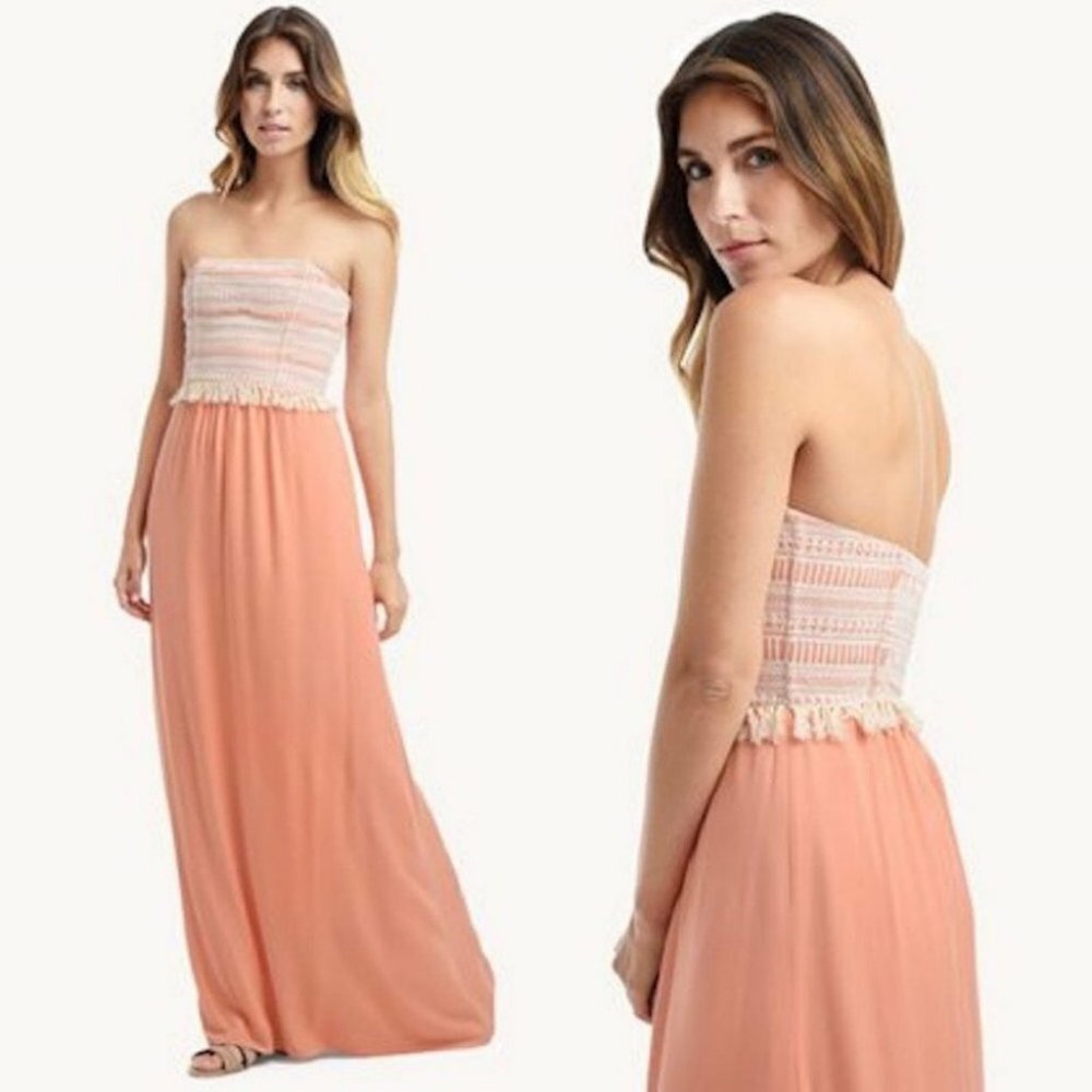 Ella Moss Bohemian Crochet Strapless Maxi Dress Salmon Orange Size XS Boho Raffi